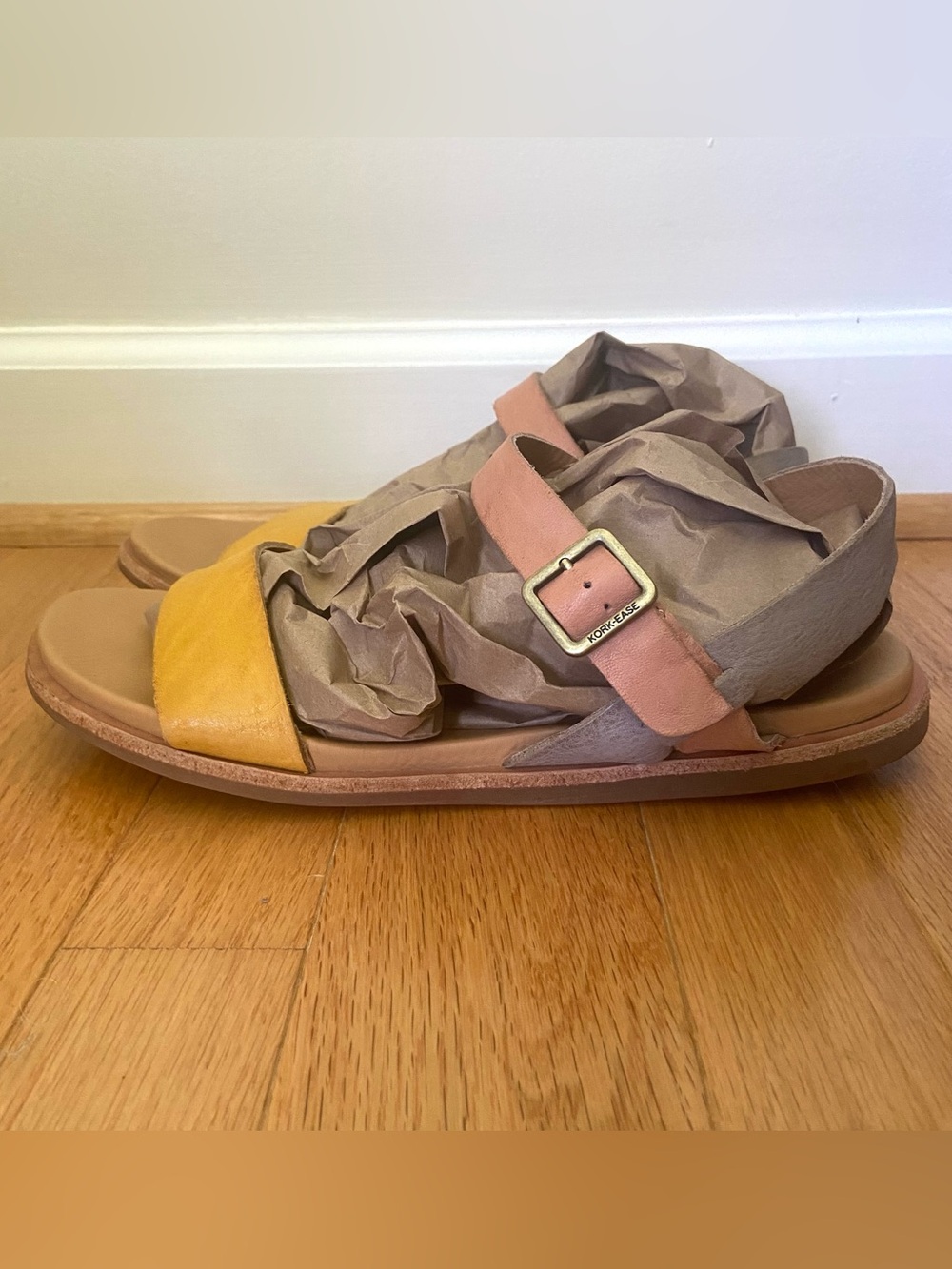 Kork-Ease Sandals Womens 10 Tan Gray Yellow Colorblock Strappy Comfort Buckle